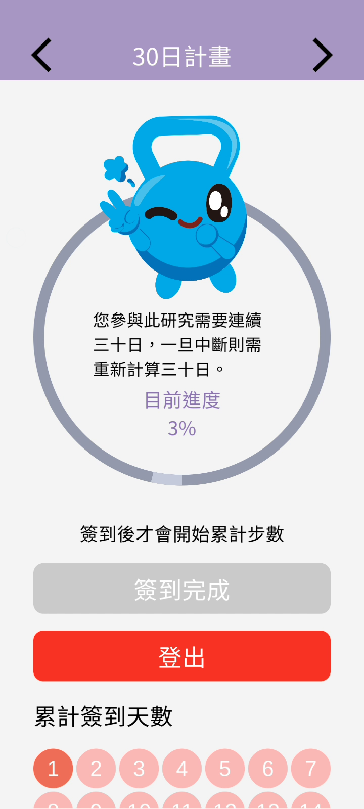 30 天健身研究 App 的 30 日計畫頁面，顯示累計簽到進度與簽到功能